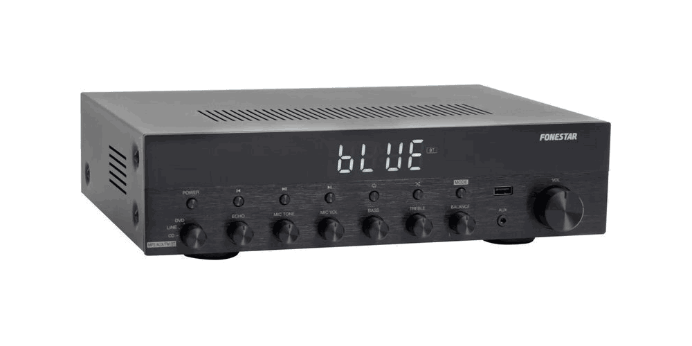 Fonestar AS-3030 Amplificador Bluetooth 30W + 30W RMS. Entrada Micrófono con Mezcla y Echo.Karaoke. Radio FM .Entradas USB . Acabado Aluminio
