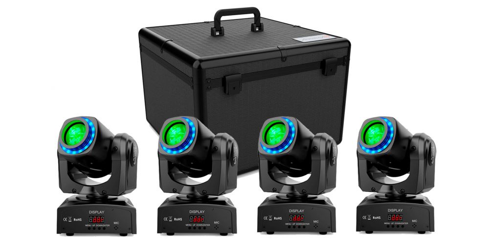 4 x Cabezas Móviles Boston 30 Cabeza Movil Spot 30w + Anillo LED + Flightcase Maleta