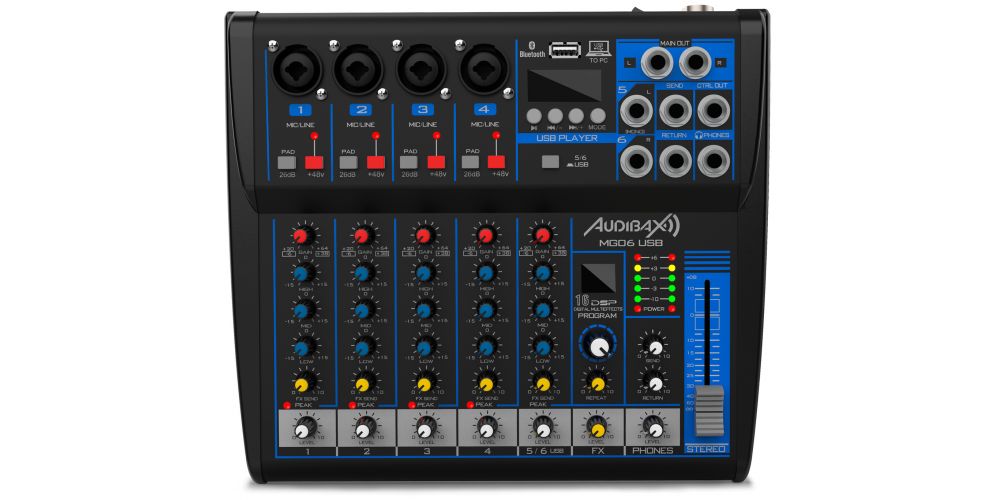 Audibax MG06 USB Mesa Mezclas 6 canales con Bluetooth, MP3 ,USB Rec y Efectos