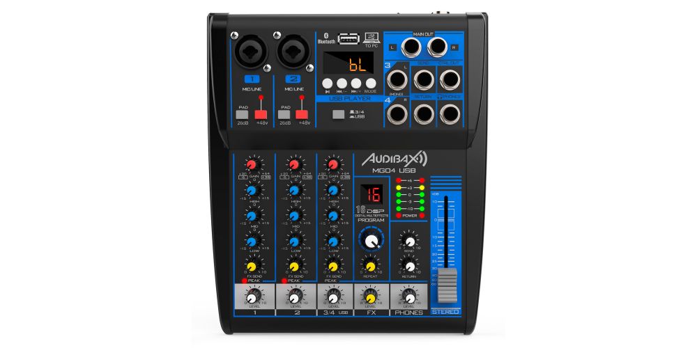 Audibax MG04 USB Mesa Mezclas con 4 canales Bluetooth, MP3 , USB Rec y Efectos