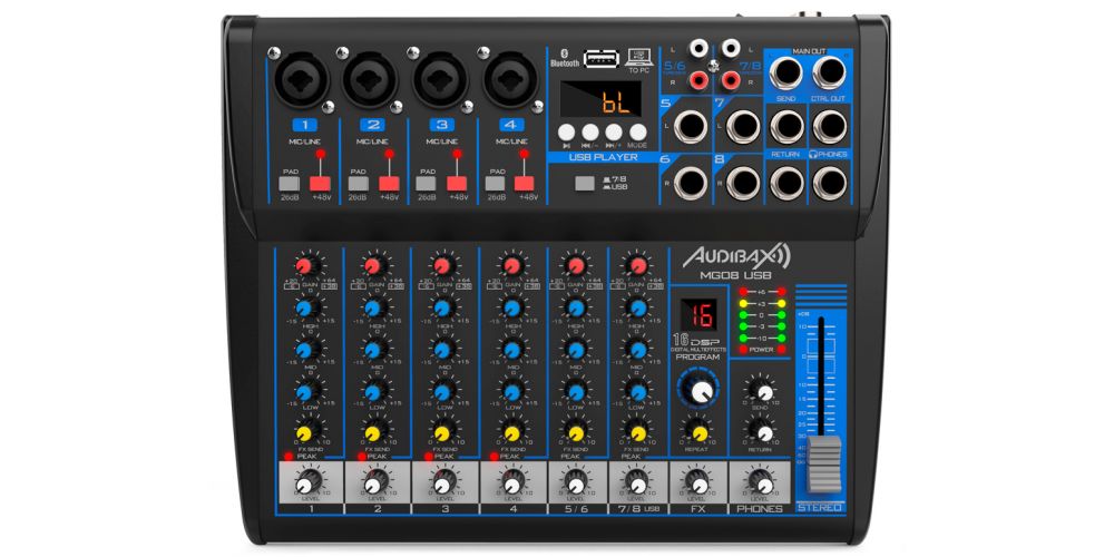 Audibax MG08 USB Mesa Mezclas 8 canales con Bluetooth, MP3 , USB Rec y Efectos