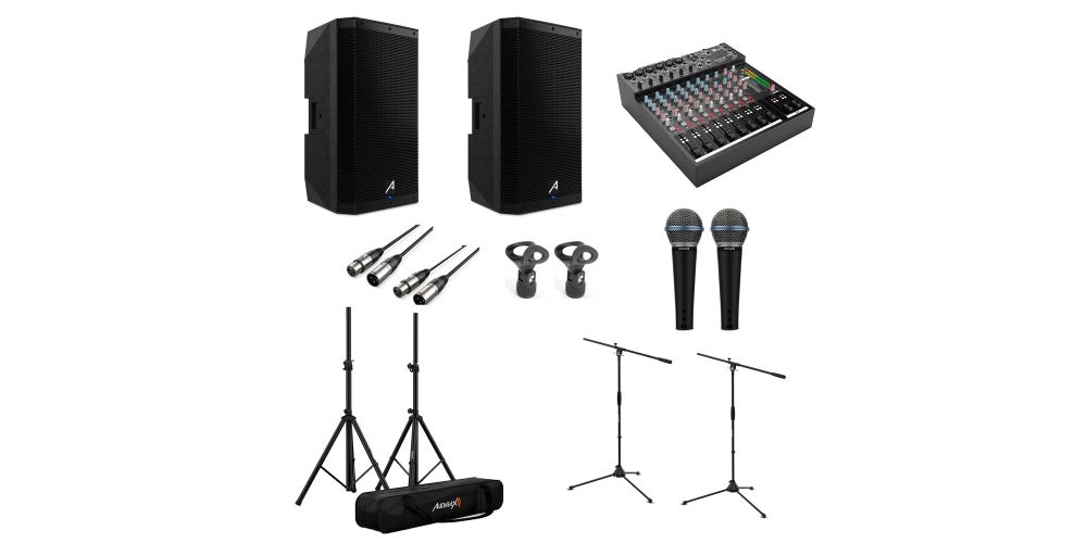 Audibax Conjunto PA 15 Pulgadas 2 DSP 15 + Mesa 1202 FFX + 2 Ayra 10 + Neo 130 + 2 Cables XLR  6M + 2 Pinzas + 2 Microfonos SM580