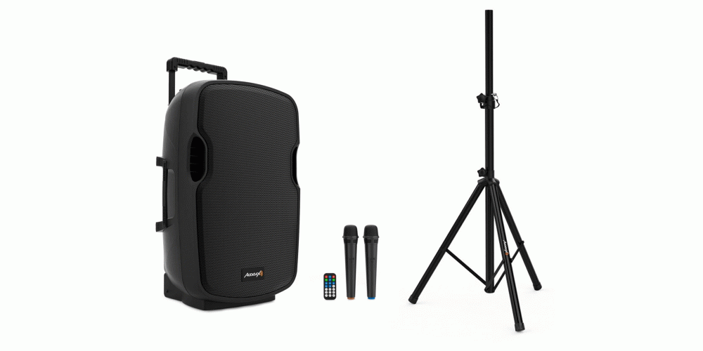 Audibax Denver 15 Altavoz Activo PA 15  con Bateria , Ruedas + 2 Micros Inalambricos Mano + Soporte Tripode